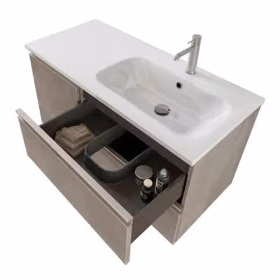Mobile bagno sospeso Inbagno Master grigio cemento con lavabo a destra, cassetti, anta e specchio con illuminazione LED, Larghezza: 100 cm – 2