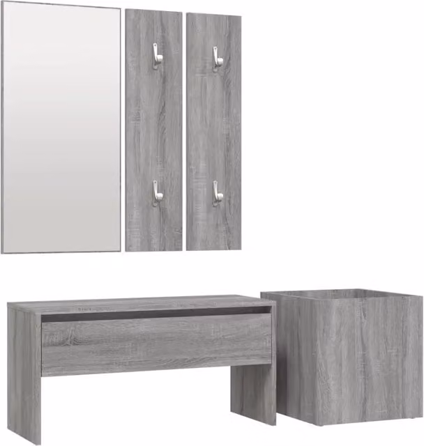 Set di Mobili da Corridoio Moderno Grigio con Panca, Specchio, Pannello e Appendiabiti in Legno Multistrato e Plastica, L: 110 cm, H: 80 cm, P: 30,5 cm