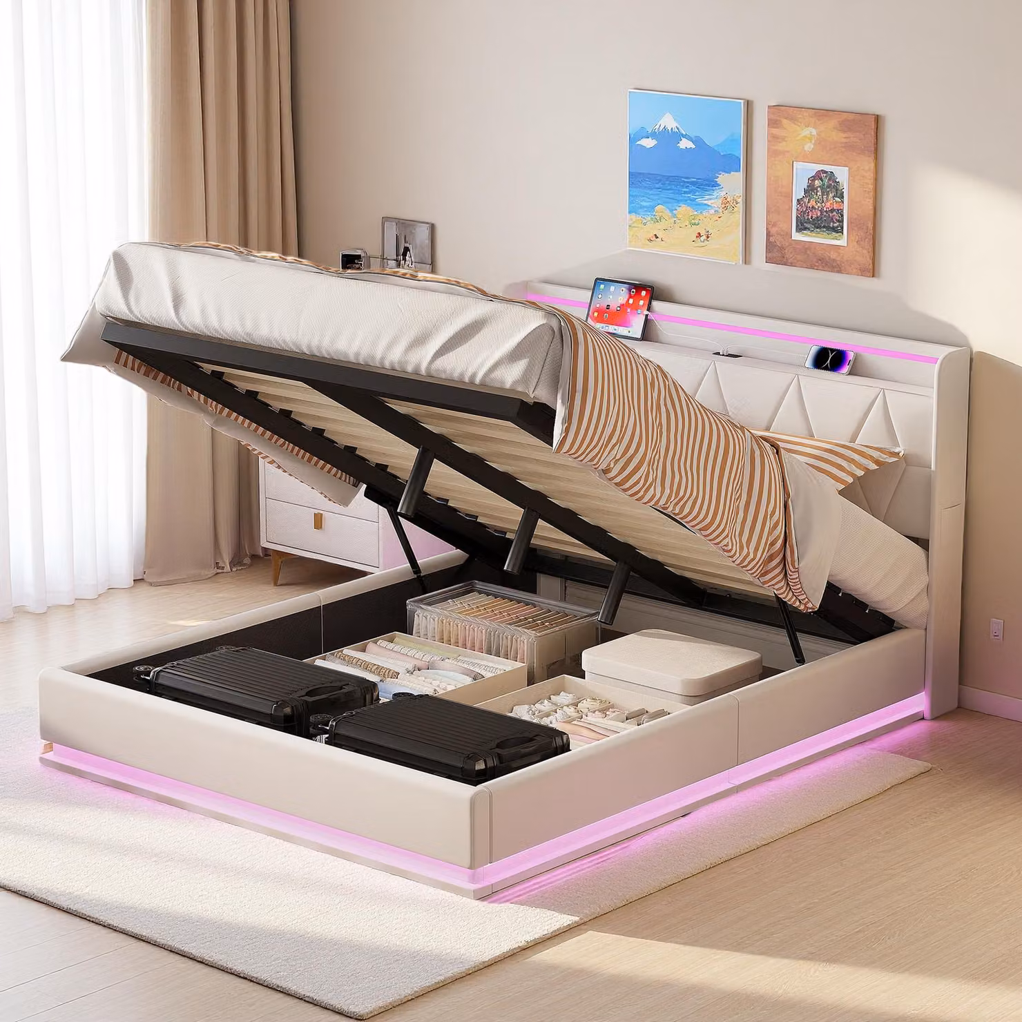 Letto imbottito UnboxG 160×200 cm in bianco - letto contenitore con molla a gas, illuminazione a LED su testata, fianchi e pediera, connessione di ricarica USB