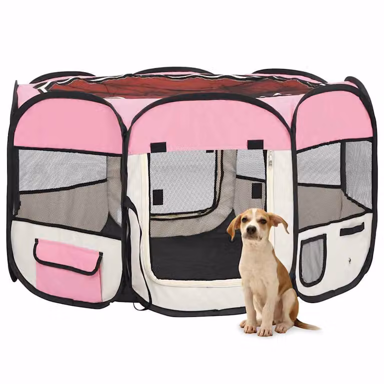 vidaXL Box per Cani Pieghevole con Borsa per Trasporto, Rosa, L/P/H: 110 x 110 x 58 cm