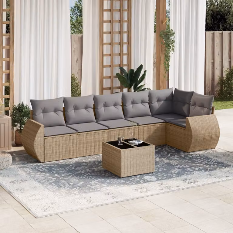 vidaXL Set Divani da Giardino 7 pz in Polyrattan con Cuscini Beige e Tavolino da Esterno