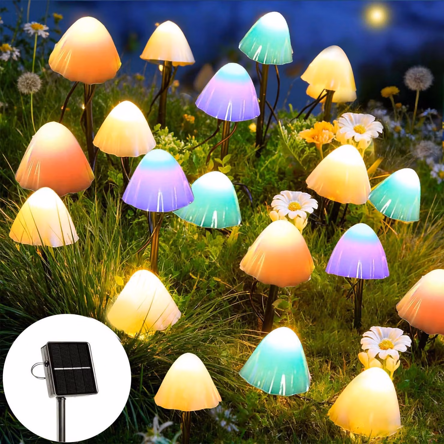 Catena luminosa solare con 20 luci a forma di fungo, lunghezza 5 metri, grado di protezione IP65, multicolore, per uso esterno
