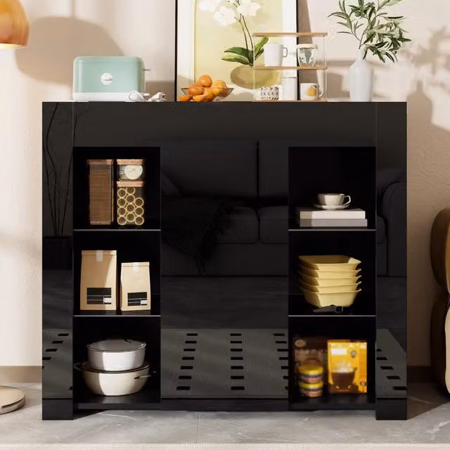 Buffet moderno REDOM in legno e vetro con frontale lucido nero L 95 cm, P 35 cm, H 83 cm