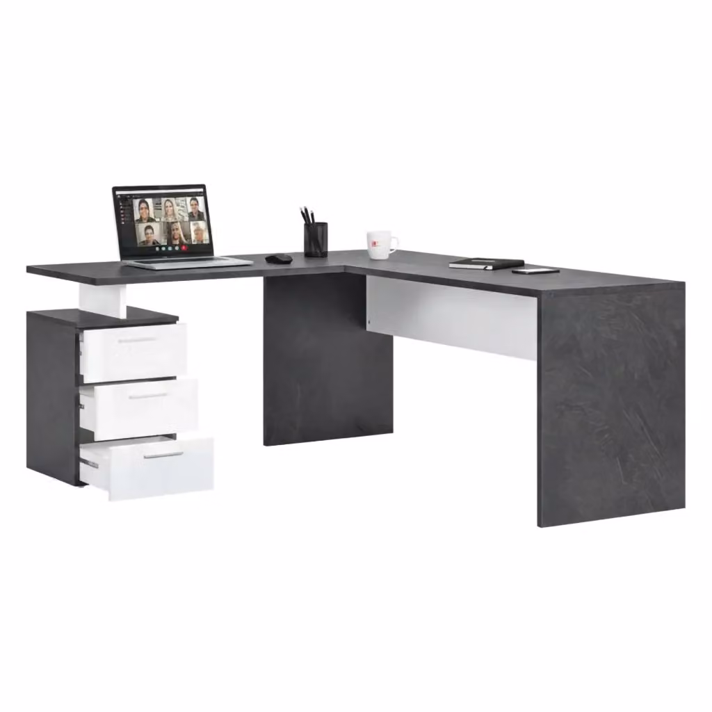 Scrivania Angolare DMORA Moderna con Cassettiera, Grigio e Bianco, L: 180 cm, P: 60 cm, H: 75 cm – 2
