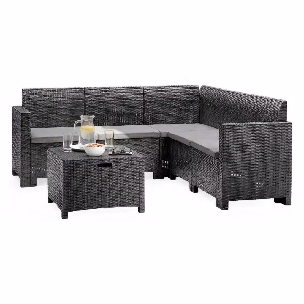 Set da giardino Somnus DMORA con divani e tavolino, salottino a L effetto rattan con cuscini, Antracite – 2