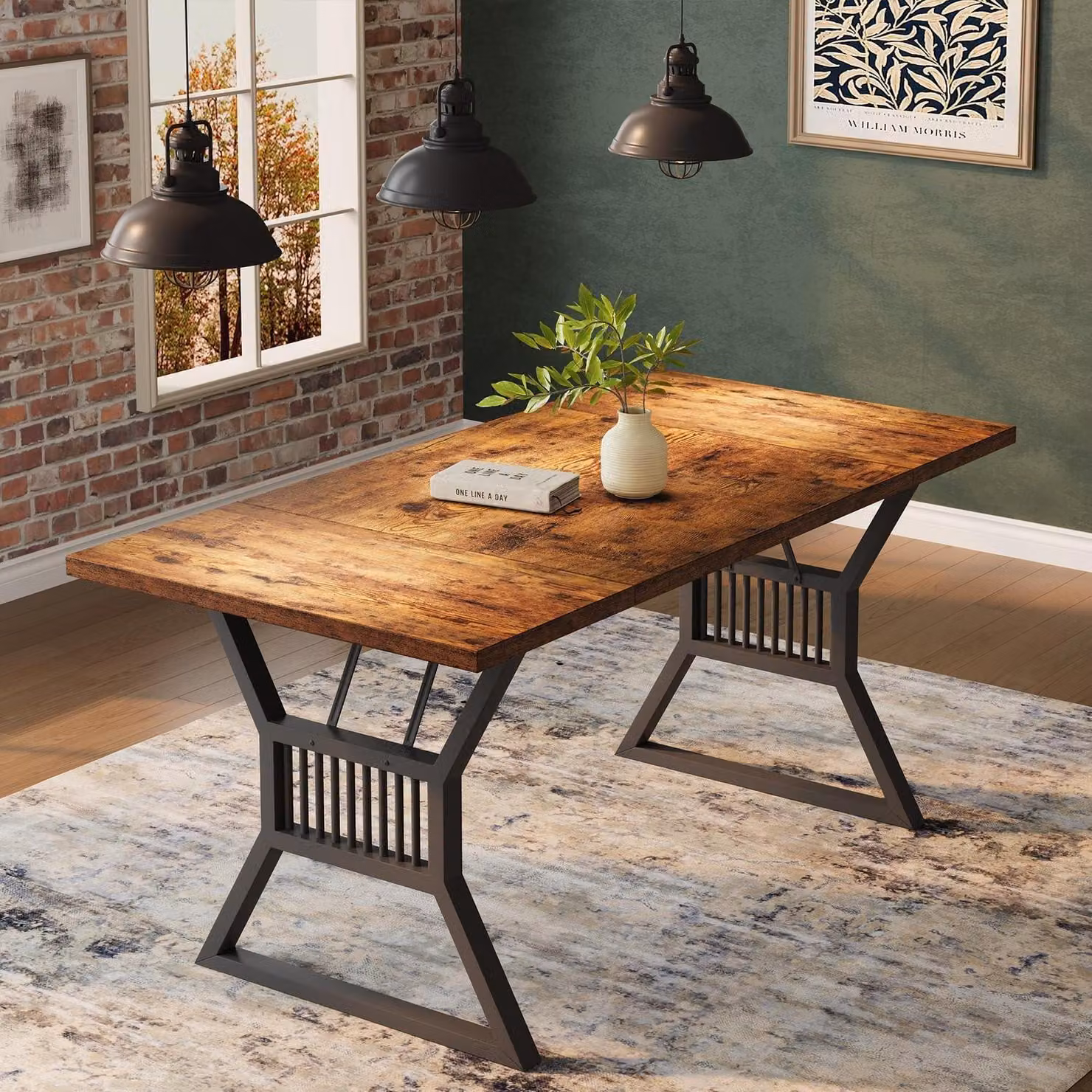 Tavolo da pranzo rettangolare, dimensioni 180x75x75 cm, colore nero, struttura in metallo e piano in legno, adatto per 6-8 persone