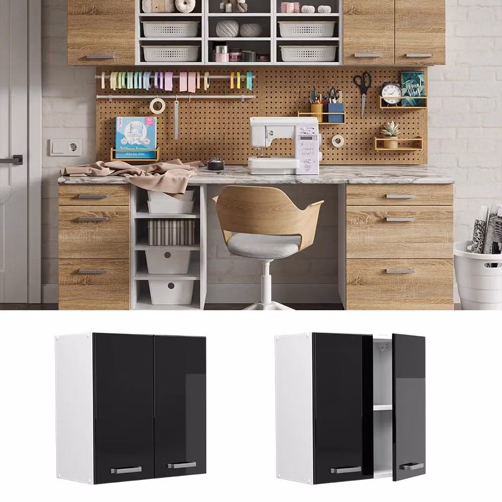 Pensile da cucina Vicco R-Line moderno con ante a battente, disponibile in bianco o nero lucido, L: 60 cm, H: 31 cm, P: 14,3 cm – 2