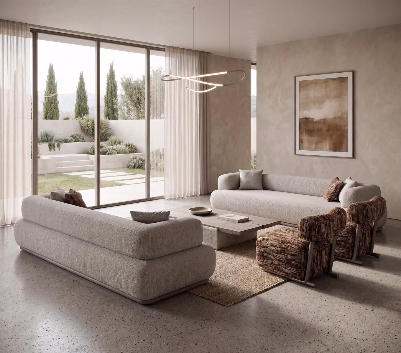 Divano e poltrona componibili rivestiti in tessuto beige