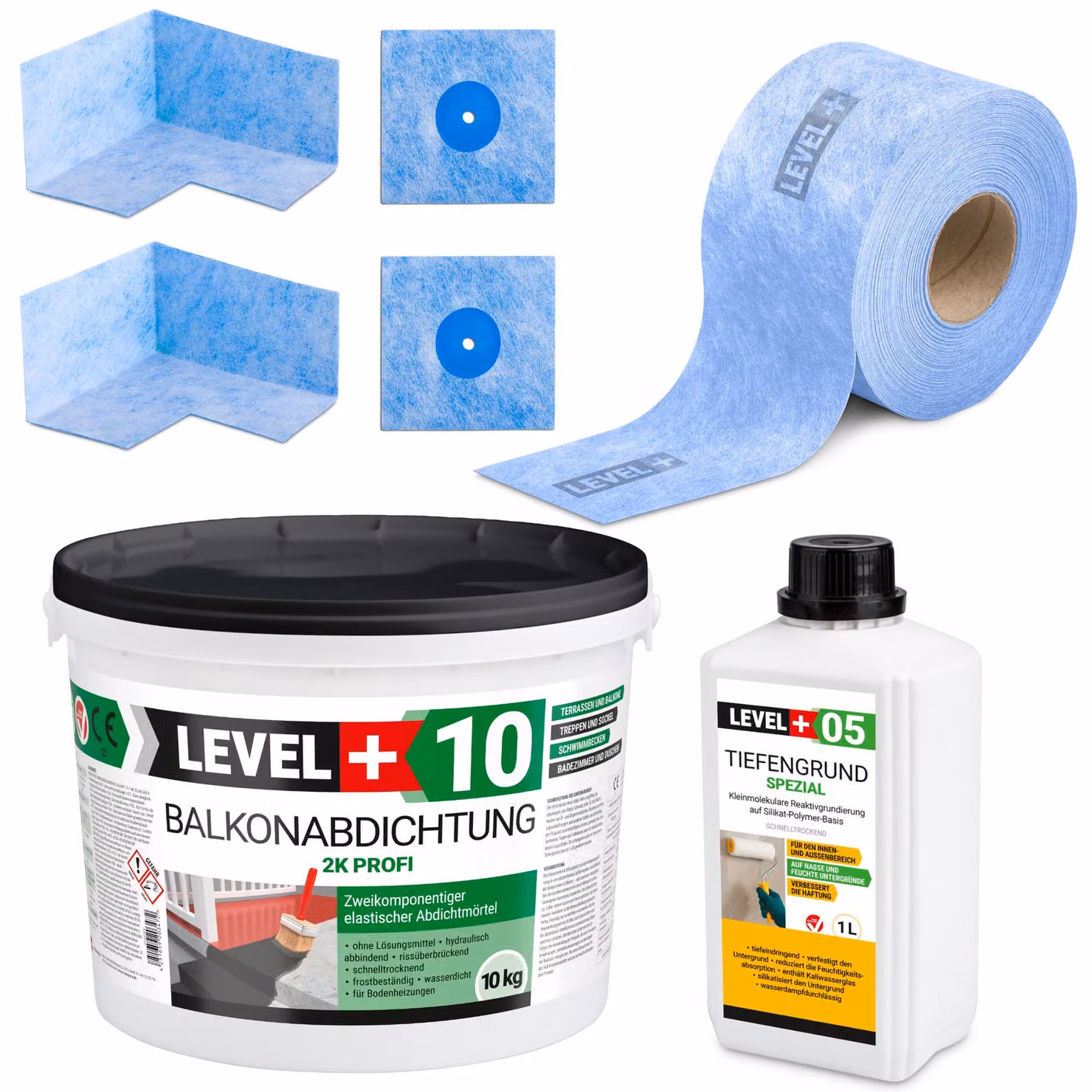 Set per impermeabilizzazione Malta impermeabilizzante bicomponente 10 kg Primer 1 l Nastro B04 10 m Manicotti, angoli Livella a bolla + SET26