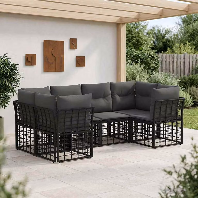 vidaXL Set di divani da esterno a forma di U in polyrattan nero con cuscini inclusi
