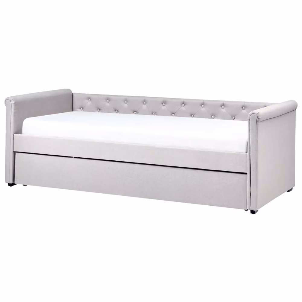 Divano Letto Chesterfield Beliani con Sottoletto Estrattibile e Cassetto, Rivestimento in Tessuto Grigio, L/P/H: 220 x 90 x 126 cm – 2
