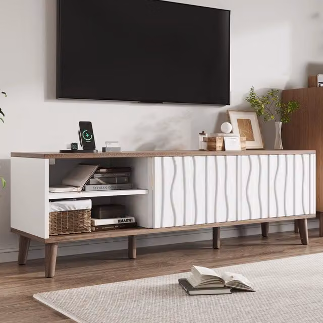 Mobile porta TV OKWISH moderno con illuminazione LED integrata, 2 ante scorrevoli e vano aperto per soggiorno, in MDF e legno, bianco e marrone, L: 160 cm, P: 40 cm, H: 52 cm