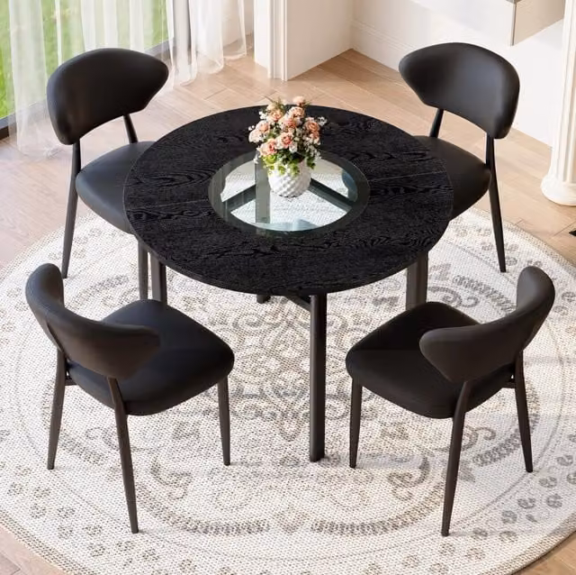 Set tavolo da pranzo rotondo 100x76 cm in MDF e vetro nero con 4 sedie -