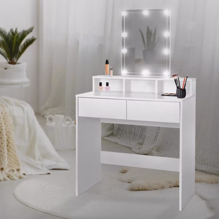 ML-Design tavolo da toilette con illuminazione LED, tavolo da toilette con specchio e 2 cassetti, 80x40x140 cm, bianco, moderno, tavolo cosmetico con 3 scomparti aperti