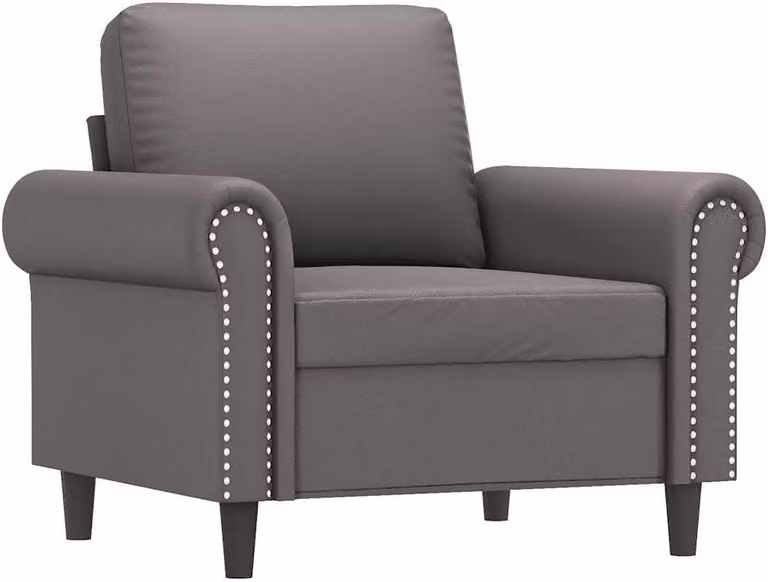 Poltrona grigia in ecopelle, con seduta, braccioli e schienale ampiamente imbottiti, struttura in metallo robusta e design moderno, con una capacità di carico fino a 110 kg, ideale per la lettura e il relax