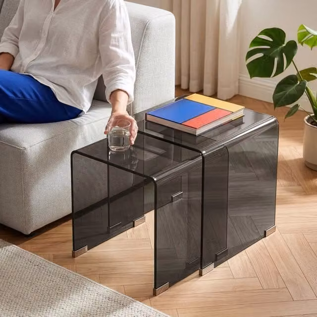 Set di 2 tavolini sovrapponibili Kariengem in vetro grigio scuro en.casa – 1