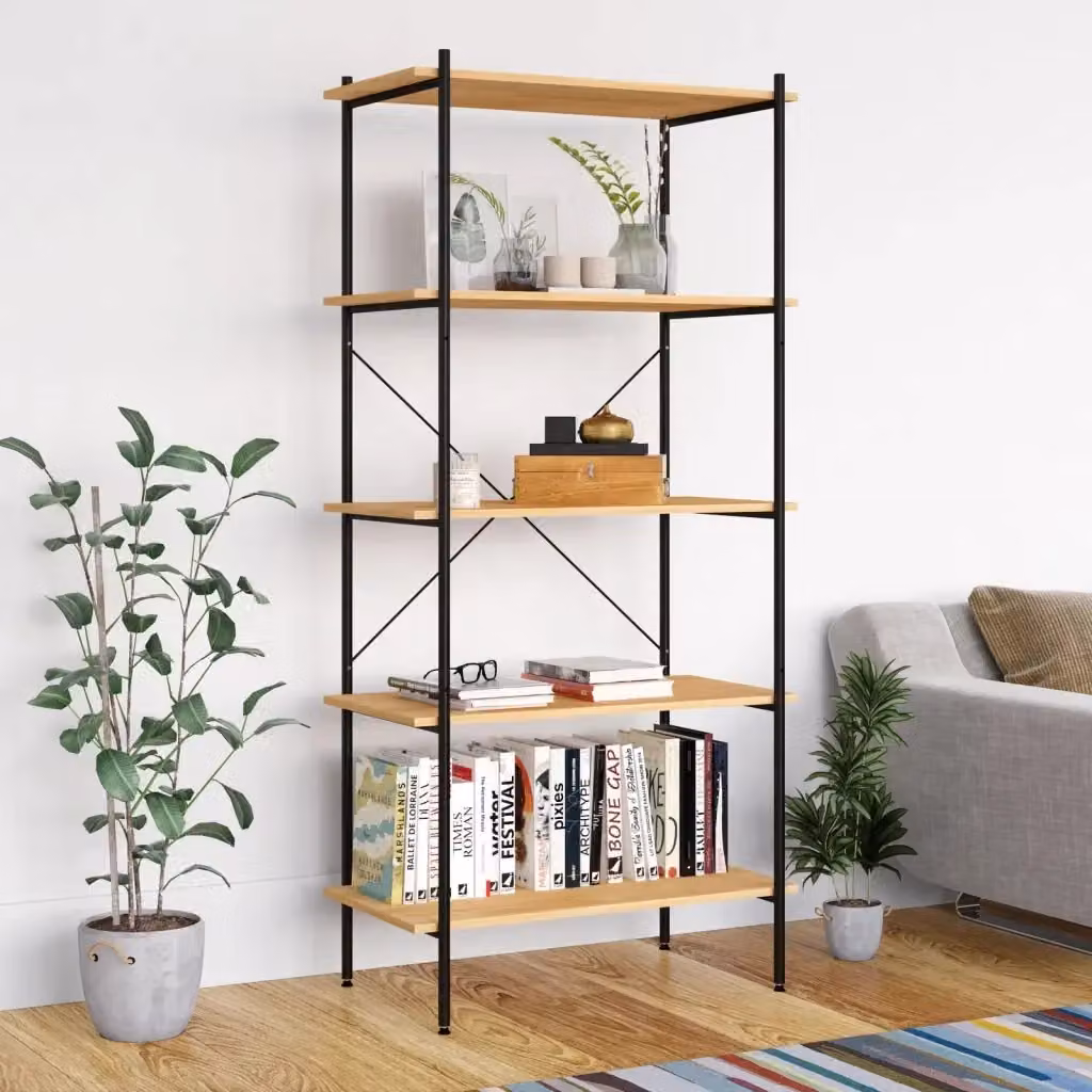 Scaffale con 5 Mensole Design Industrial in Metallo e Legno Nero e Rovere L: 80 cm, P: 40 cm, H: 163 cm CFW5412608 – 2