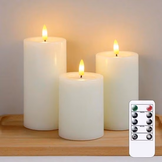 Set di 3 candele LED Unyqoos® senza fiamma, con effetto realistico di cera e olio, cera vera e stoppino 3D, telecomando, timer (2/4/6/8 ore), alimentazione AAA (fino a 500 ore)