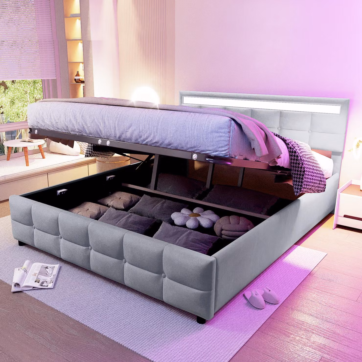 Letto imbottito Merax 180x200cm con illuminazione LED e rete a doghe, letto matrimoniale con contenitore idraulico, corpo letto in tessuto vellutato olandese, grigio