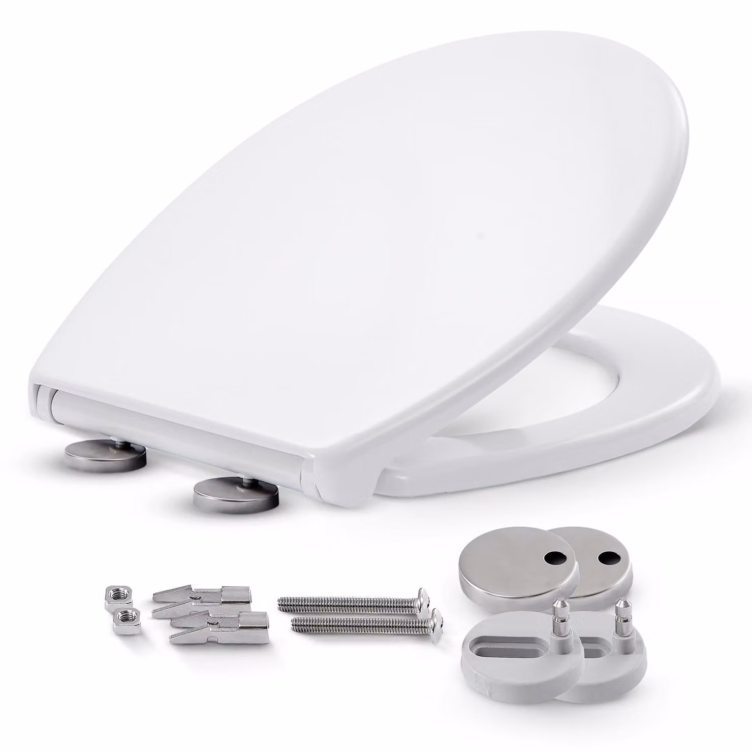 AREBOS: Sedile per WC con sistema di chiusura ammortizzata e sistema di montaggio rapido, realizzato in urea-duroplast, antibatterico, resistente fino a 150 kg, forma ovale, fissaggio superiore, colore bianco