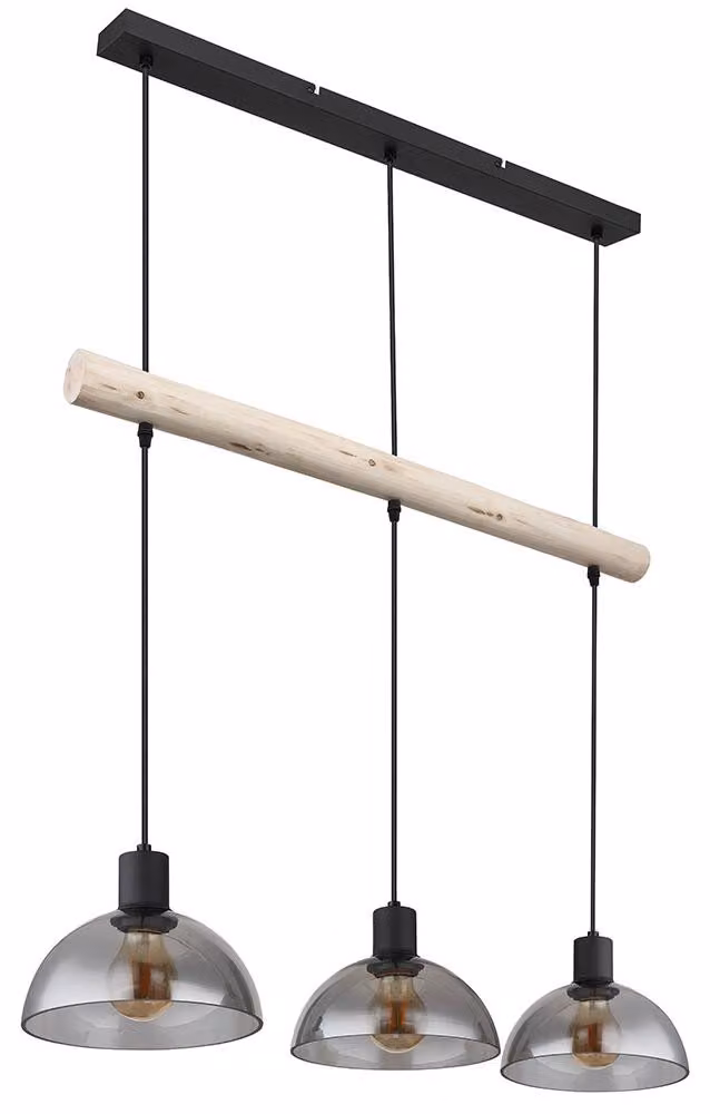 Lampada a sospensione a LED, nera, vetro color fumo, a 3 fiamme, L 80 cm