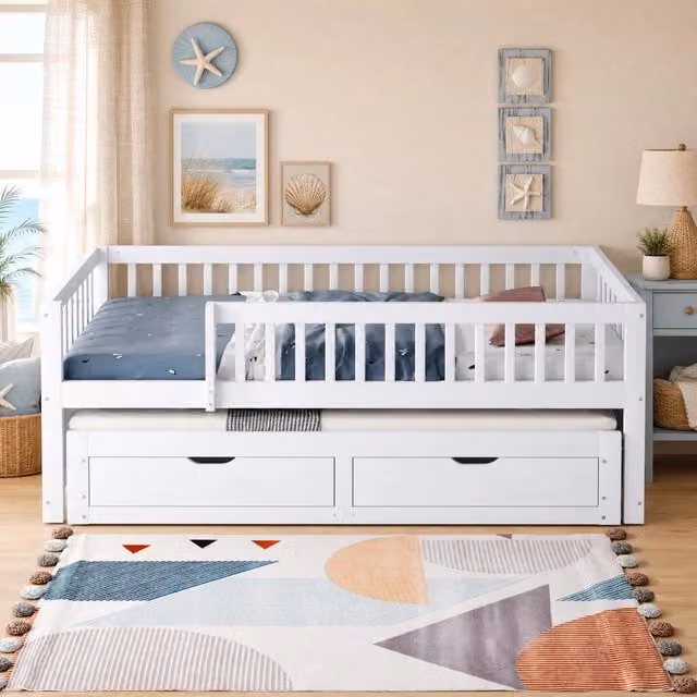 Letto Mivray con letto estraibile e 2 cassetti, struttura in legno e MDF bianco, L/P/H: 205 x 90 x 77.5 cm