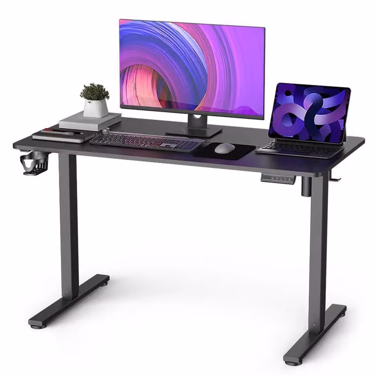 Scrivania regolabile in altezza elettricamente con motore, 120 x 60 cm, 3 impostazioni memorizzabili, portata 80 kg, gancio e portabicchieri, scrivania per lavoro in piedi, nera