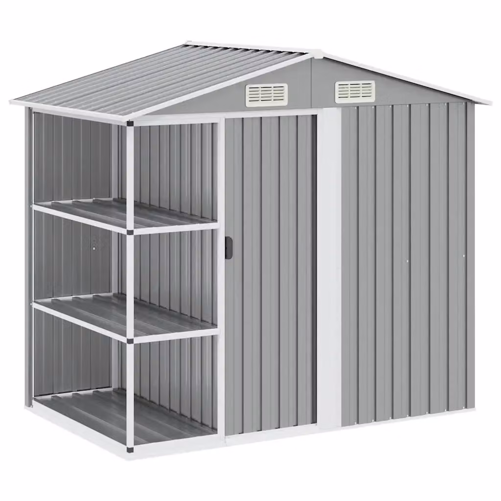 Capanno da giardino Videx con scaffali e porte scorrevoli in acciaio zincato e plastica, colore grigio, L 205 cm x P 130 cm x H 183 cm – 2