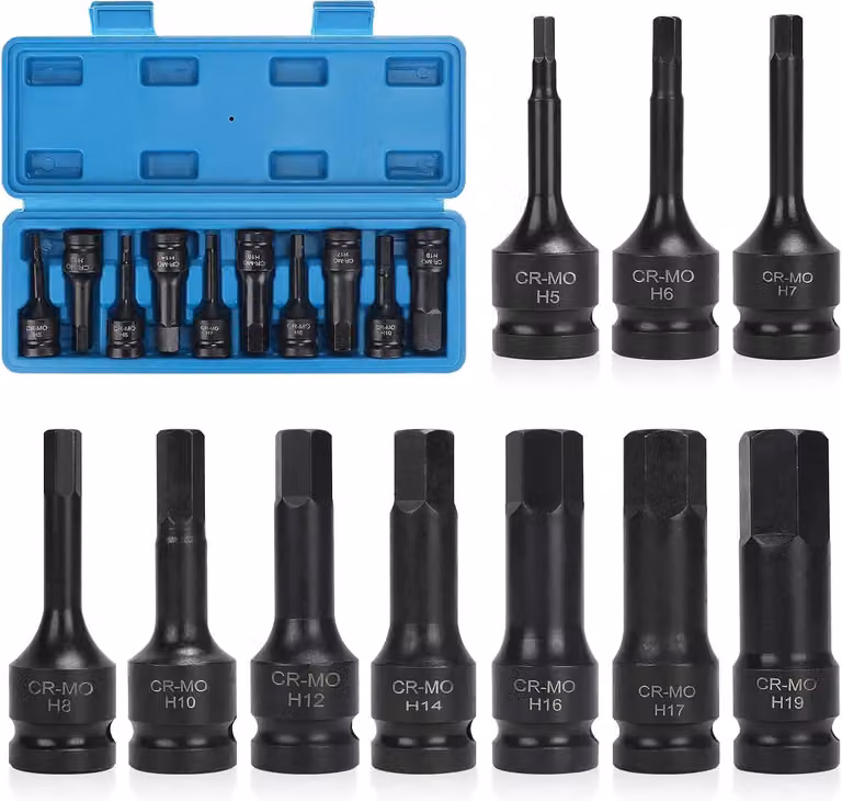 Set di chiavi a bussola da 10 pezzi, 1/2 pollice, da 5 mm a 19 mm, in acciaio cromo-molibdeno, con custodia per uso professionale