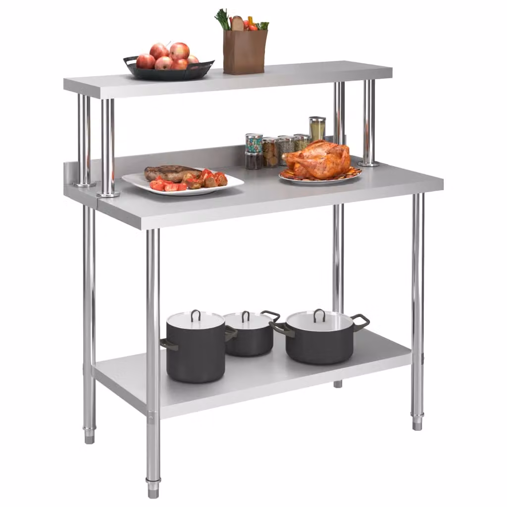 Piano di lavoro per cucina con ripiano superiore 120×60×120 cm in acciaio inox