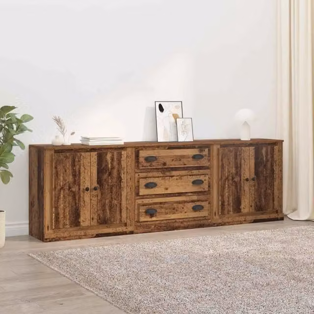 Set di 3 sideboard vidaXL in legno color marrone antico per soggiorno e sala da pranzo, L/P/H: 210 x 35,5 x 67,5 cm – 1