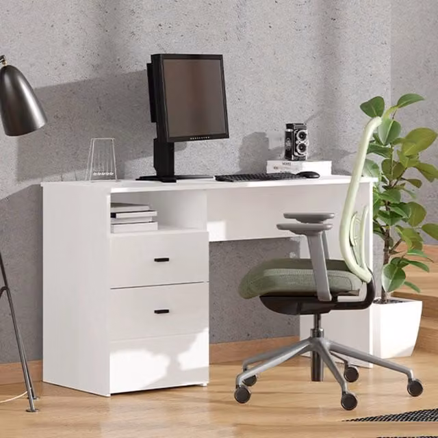 Scrivania moderna DMORA con cassettiera, finitura bianco opaco, L 127 cm x P 51 cm x H 77 cm – 1
