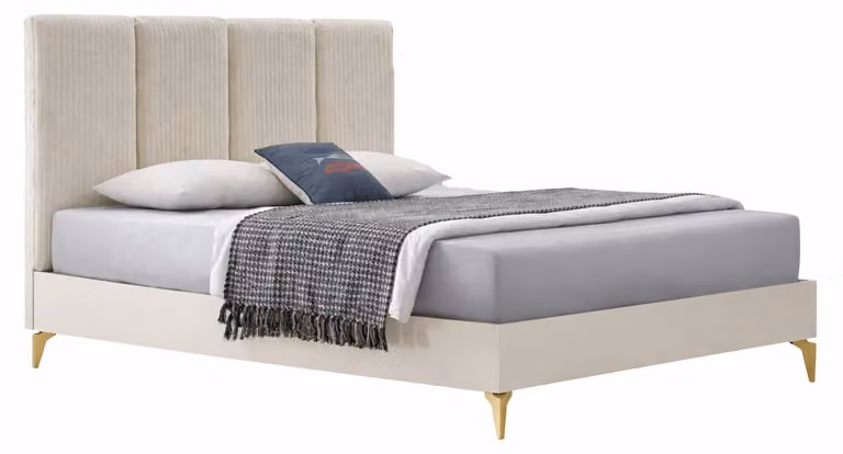 Letto imbottito beige elegante, camera da letto esclusiva, letto matrimoniale