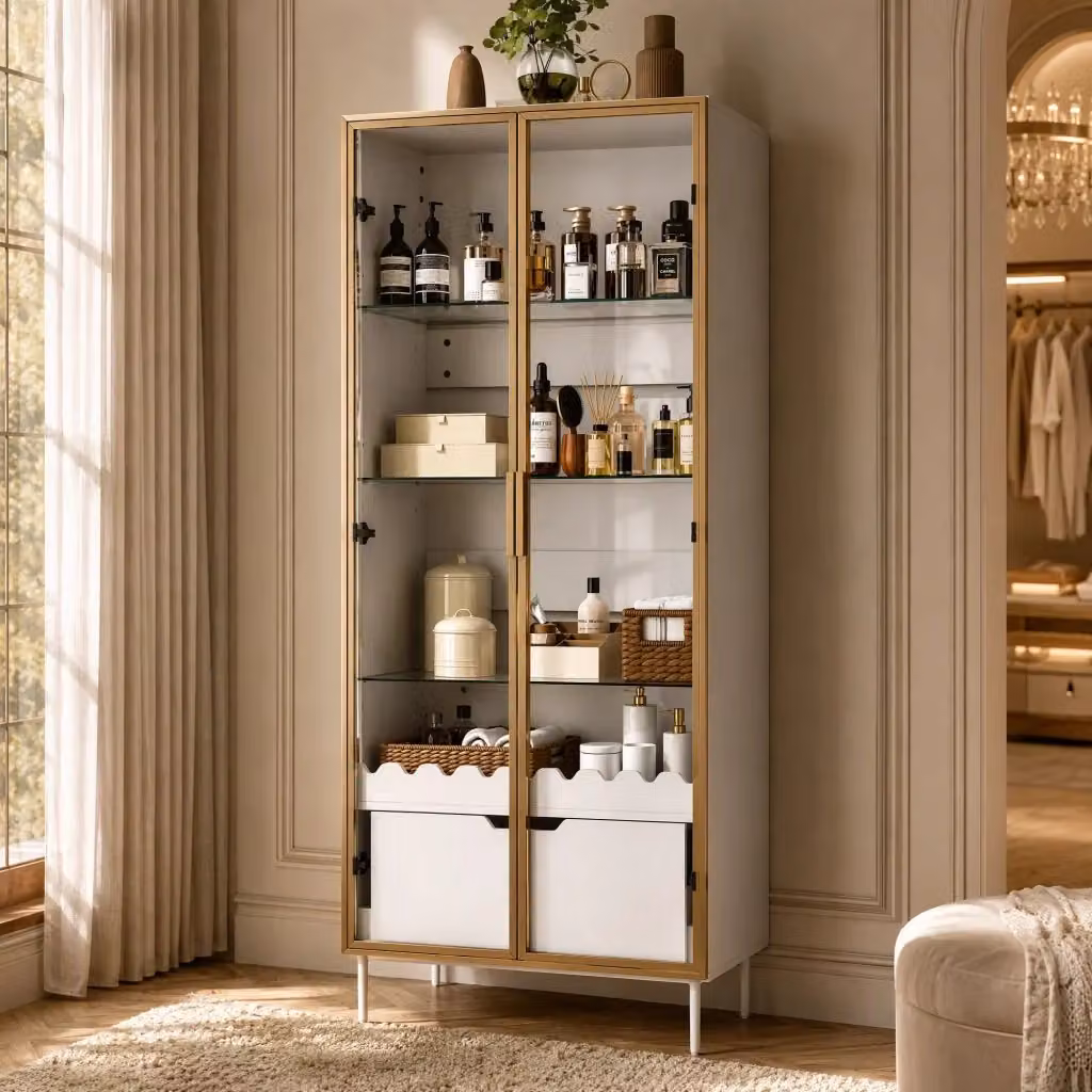 Colonna contenitore FOLYNA con ripiani regolabili, ante in vetro e cassetto, in MDF bianco e oro per soggiorno – 2