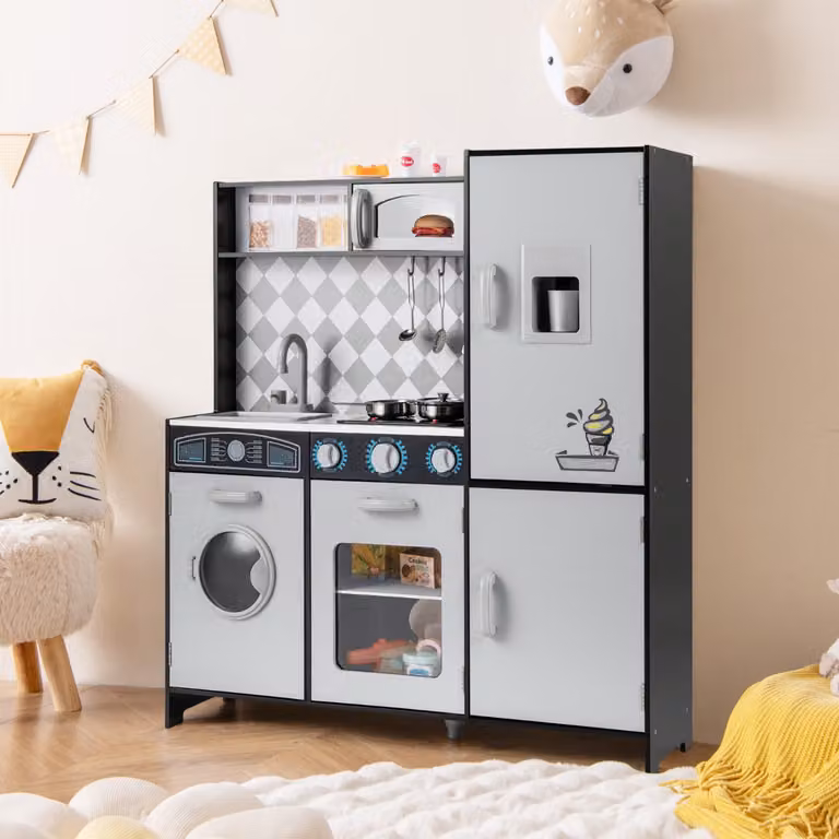 Cucina giocattolo in legno Costway con macchina del ghiaccio, piano cottura, forno e microonde, Grigio