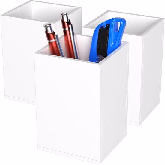 Set da 3 portapenne in acrilico bianco, organizer da scrivania quadrato per ufficio, scuola e casa (7,6 x 7,6 x 10,9 cm)