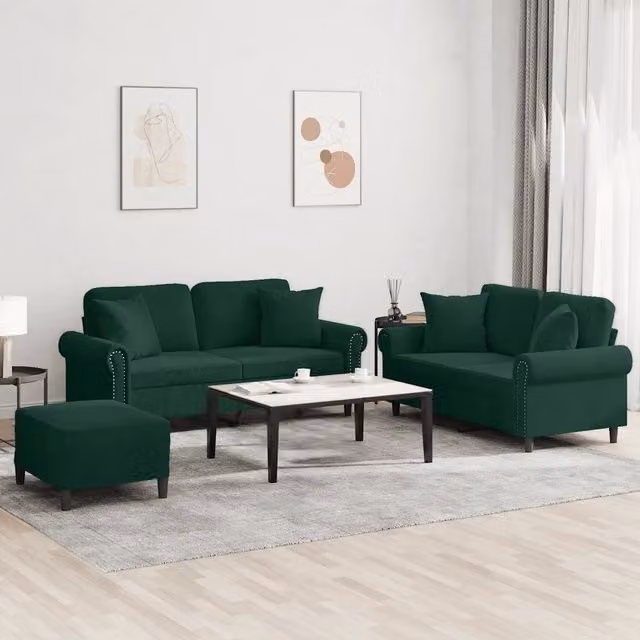 Set di divani 3 pezzi vidaXL in velluto verde con cuscini per soggiorno moderno L/P/H: 152 x 80 x 76 cm – 1
