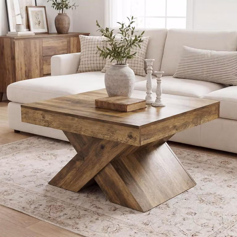 Tavolino da caffè, 80 cm, stile rustico, gambe a forma di "X", colore marrone