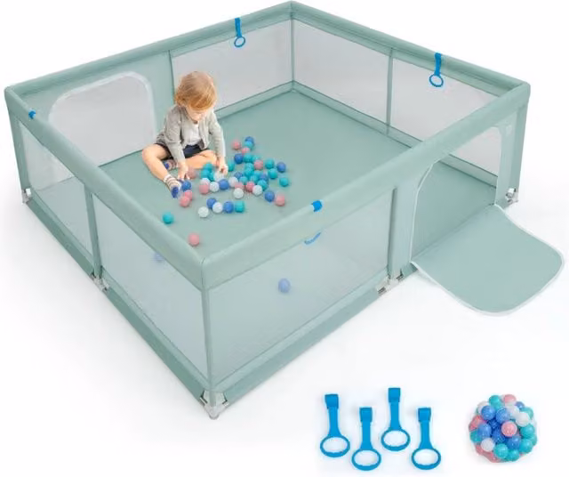 Recinto da gioco rettangolare per bambini Design Mania con rete traspirante e maniglie, Verde, L: 200 cm, P: 180 cm, H: 68 cm