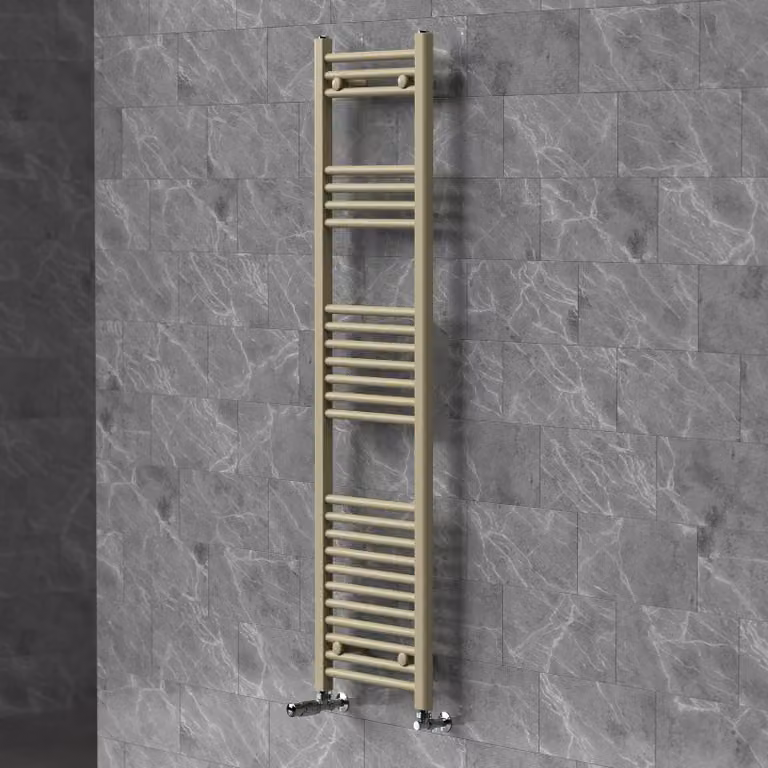Riscaldamento asciugamani LuxeBath 400x1500 mm, radiatore da bagno con valvola termostatica, asciugamano Sahara a pannello piatto con attacco laterale, portasciugamani, color beige