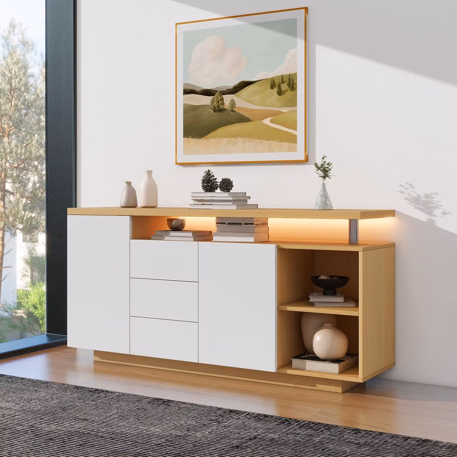 Mobile laterale STILVORA con 2 ante e 3 cassetti, credenza multifunzionale con 2 vani a giorno, cassettiera con illuminazione a LED, bianco