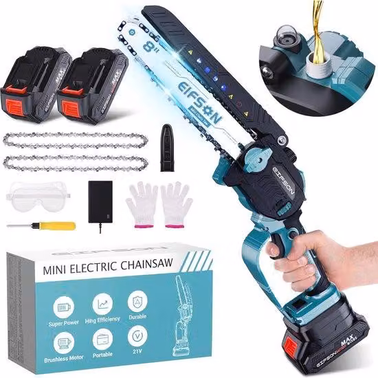 Motosega da 8 pollici con motore Rotor - 1100 W, 2 batterie, velocità di taglio della catena fino a 28 m/s per alberi e giardino