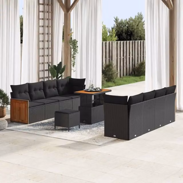 Set Divano da Giardino vidaXL a 11 Pezzi Nero con Cuscini e Tavolino da Esterno a Forma di U