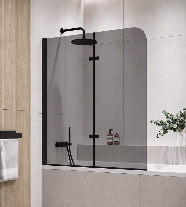 Badplaats Parete Vasca Austin 120 x 140 cm - Vetro Fumé - Nero - Anta Pivotante 5 mm - Vetro di Sicurezza e Anticalcare