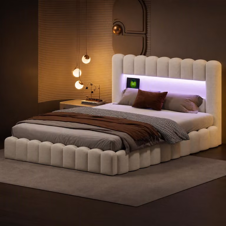 Letto imbottito 160x200cm, letto a molle con rete idraulica, letto con rete a doghe, luce di lettura con connessione di ricarica USB e illuminazione LED, letto contenitore letto matrimoniale letto per ragazzi (beige)