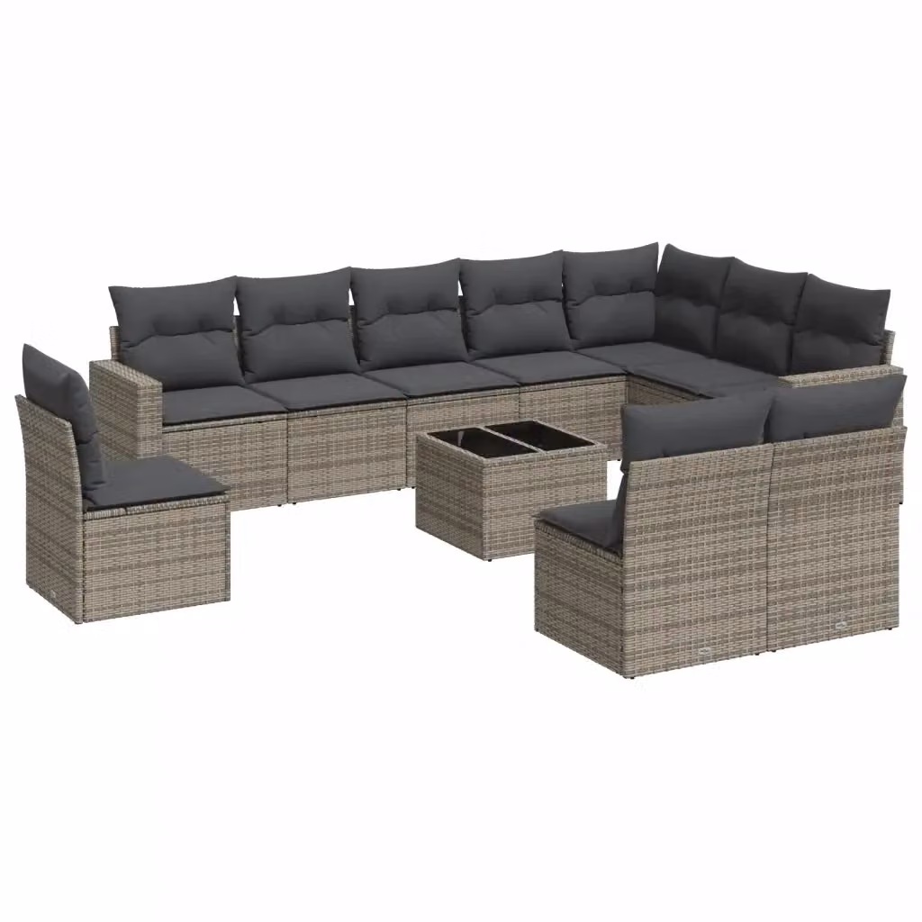 vidaXL Set Divani da Giardino 11 pz in Polyrattan Grigio con Cuscini e Tavolino da Esterno – 2