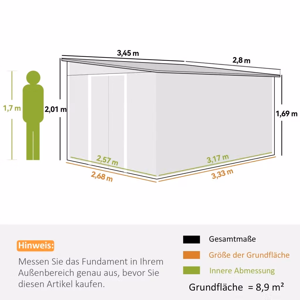 Casetta da giardino WISHDOR in acciaio zincato grigio con tetto inclinato e doppia porta scorrevole, L: 345 cm, P: 280 cm, H: 201 cm – 2