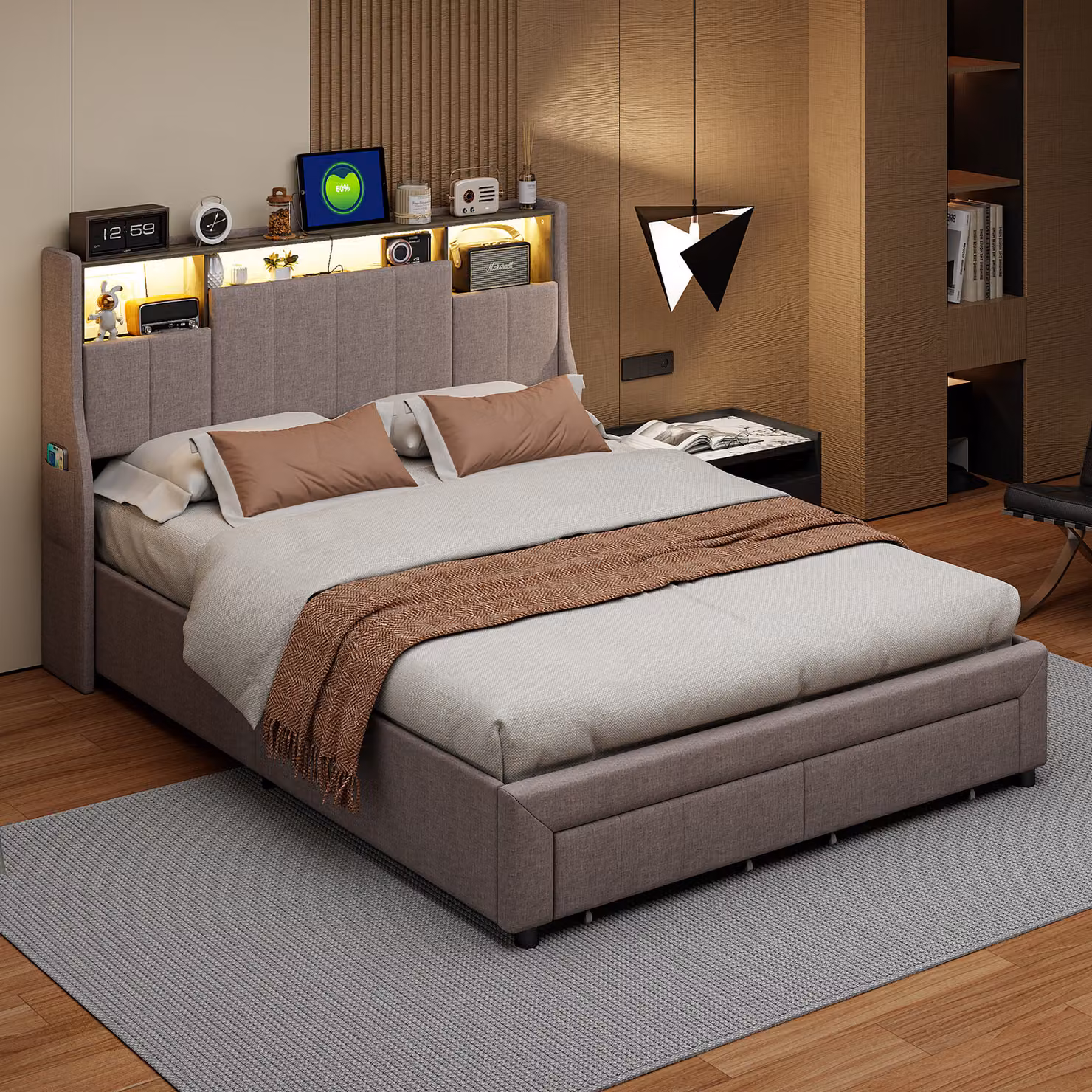 Letto imbottito 160x200 cm con rete a doghe, letto con contenitore, letto matrimoniale con contenitore, testiera con contenitore e LED, lino, grigio