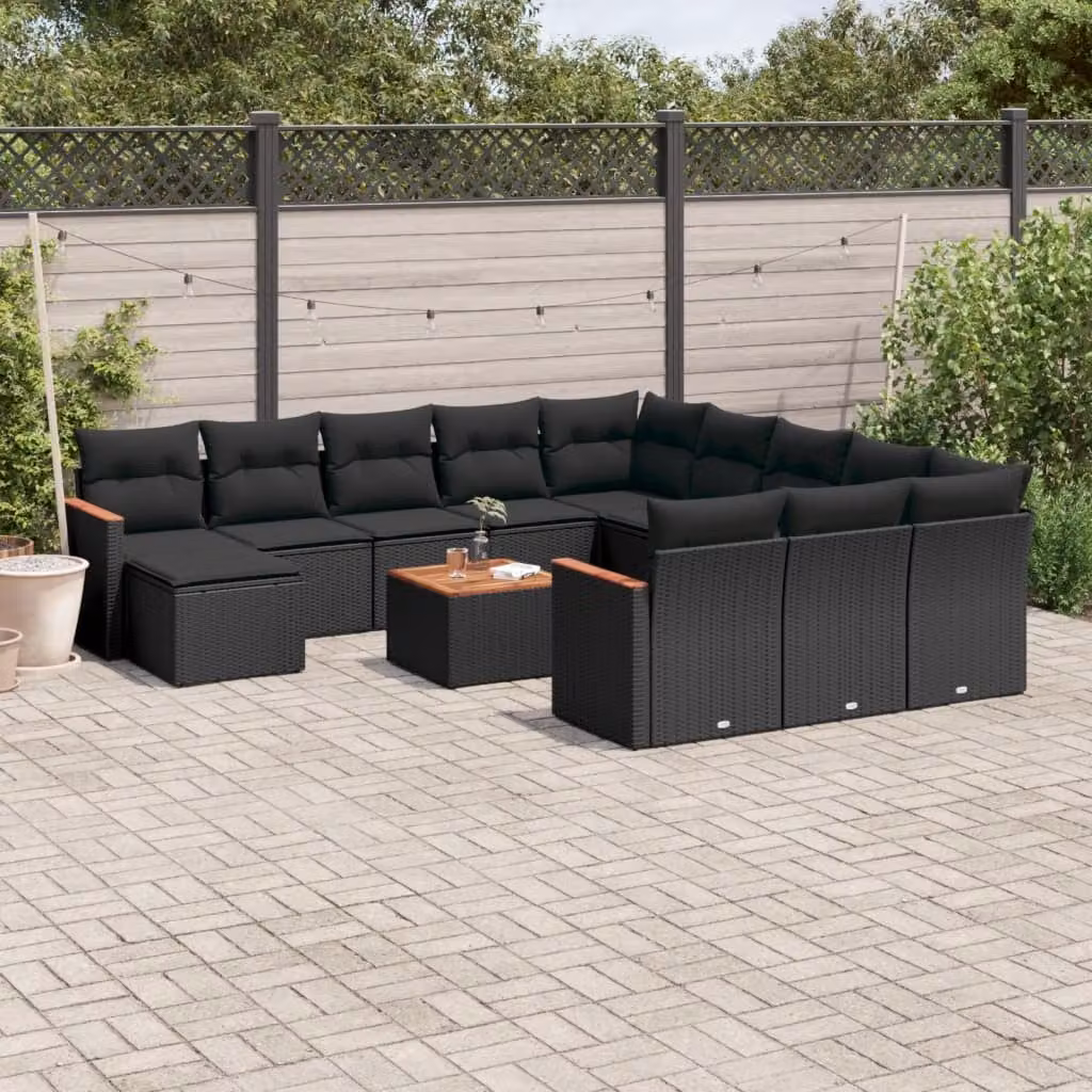 vidaXL Set Divani da Giardino a Forma di U in Polyrattan Nero con Cuscini e Tavolino da Esterno – 1
