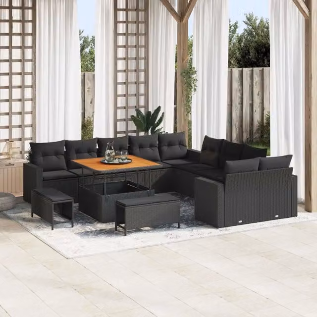 Set Divano da Giardino vidaXL a Forma di U in Polyrattan Nero con Cuscini e Tavolino da Esterno – 1